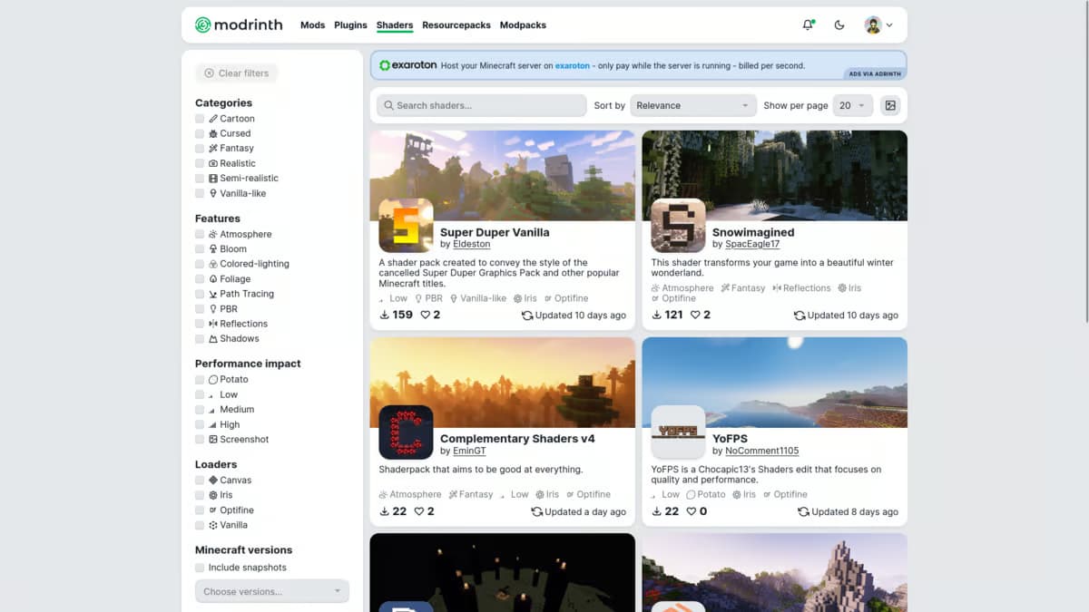 A screenshot of the default view for the Modrinth shaders search.